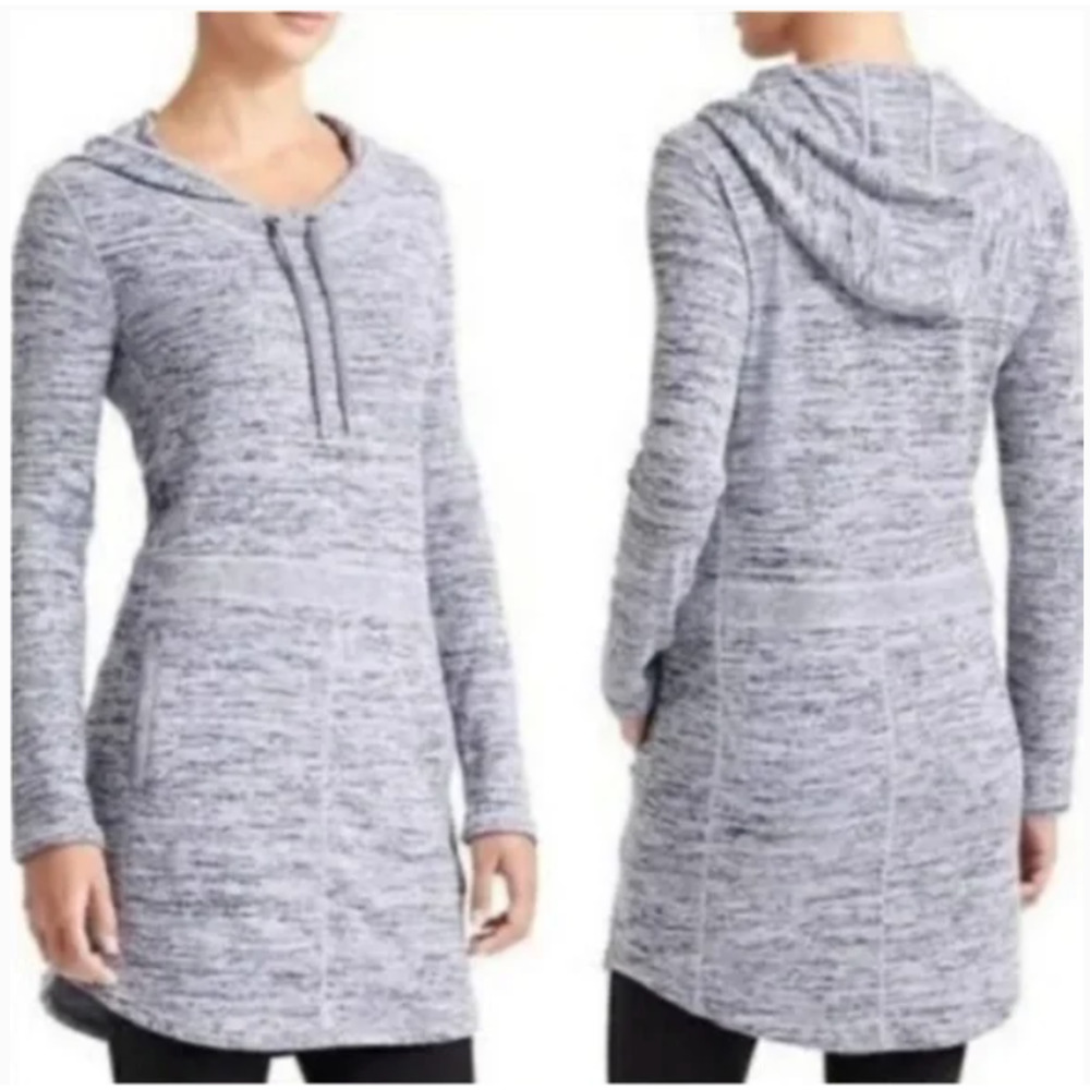 Athleta Techie Sweat Popover Space Dyed Gray Sweater Dress w Pocket & Hood